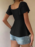 2026 Women Y2k Summer Tops V-Neck Drawstring Sexy Lace Up Short Sleeve Solid Color Shirts Female Elegant Casual Fashion Blouses