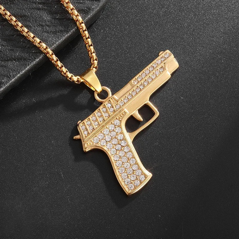 Collar con colgante de circón con incrustaciones de rifle de asalto punk M416 para hombre, estilo hip hop rock, joyería moderna, regalo para niño 