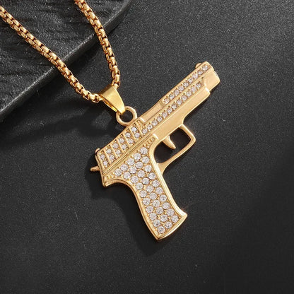 Collar con colgante de circón con incrustaciones de rifle de asalto punk M416 para hombre, estilo hip hop rock, joyería moderna, regalo para niño 