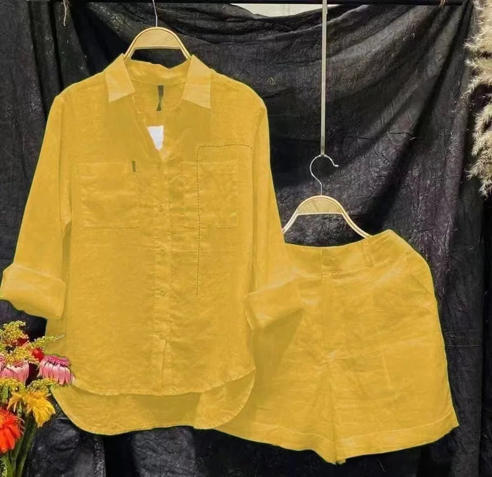 Conjunto informal de dos piezas de lino y algodón para mujer, moda de verano 2024, camisa de manga larga blanca y pantalones cortos, chándal de dos piezas