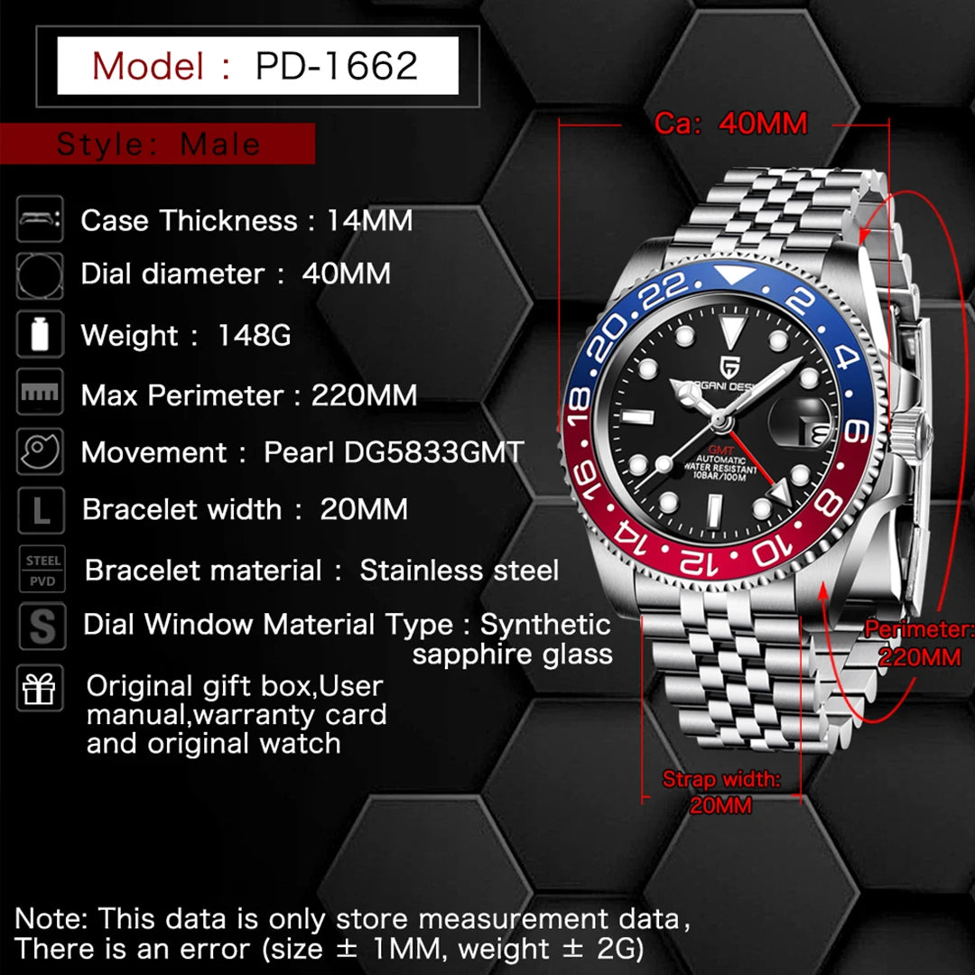 Relógio Masculino Mecânico de Luxo PAGANI DESIGN 2026 – Aço Inoxidável, Função GMT, Vidro de Safira – Marca de Alto Padrão