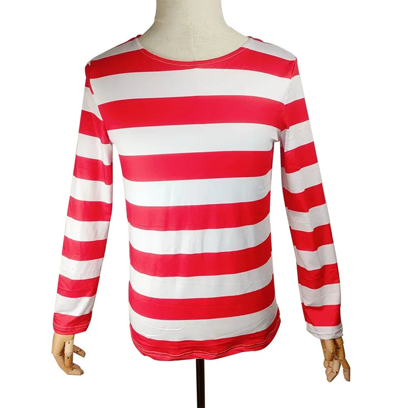 Wheres Waldo Cosplay Striped Shirt Youth Kids Wally Costume Shirt Glasses and Hat Socks Unisex Adults Christmas Cosplay Costumes