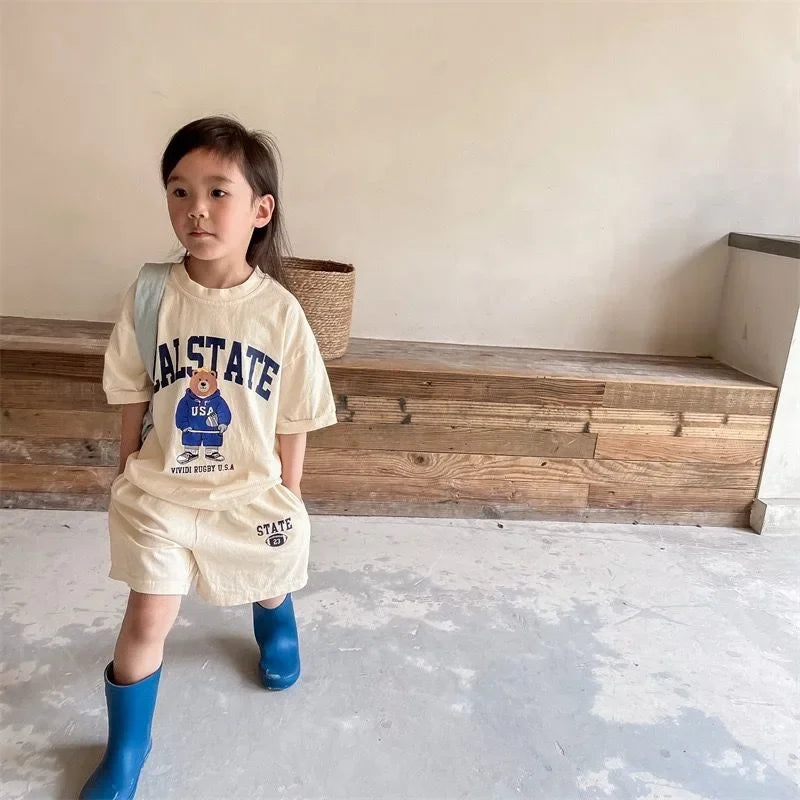 2pcs Summer Baby Clothes Set Children Boy Girl Cartoon Bear T-shirts and Shorts Suit Kid Casual Top Bottom Outfits Tracksuits