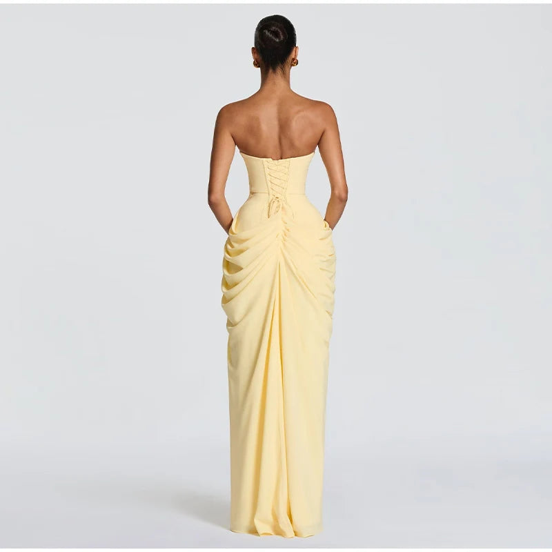 Sexy Solid Pleated Strapless Dress Lady Chic Off-shoulder Backless High Waist Split Dresses Women 2026 New Evening Party Gown