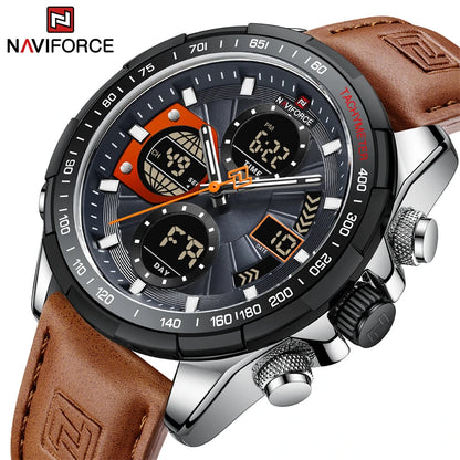 NAVIFORCE 2021 - Reloj deportivo para hombre, resistente al agua, con pantalla dual, luminoso, de cuarzo y cuero genuino, masculino