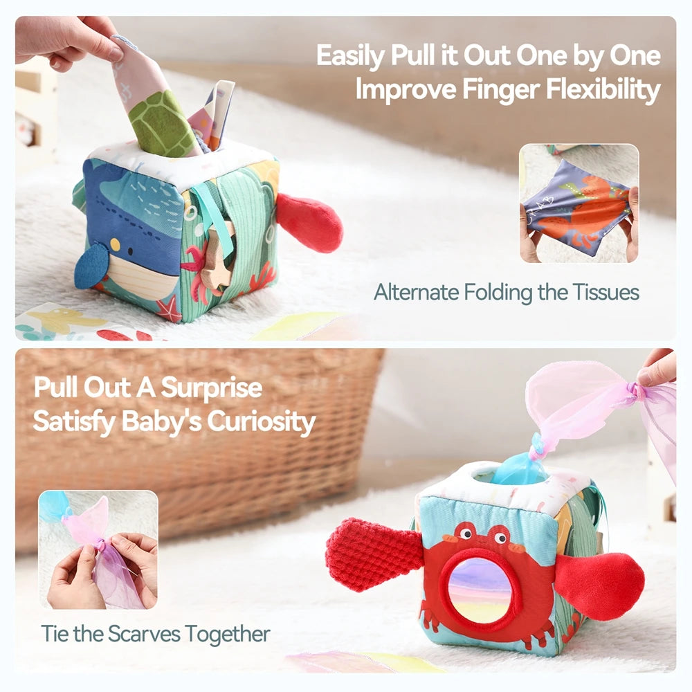 Baby Toys Magic Tissue Box Cotton Finger Exercising Montessori Busy Board Game Educational Toy Soft Rattle Game Ocean Cloth Book