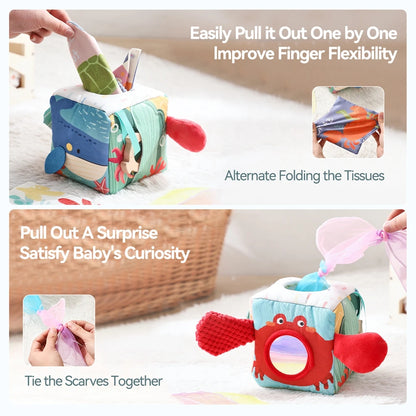Baby Toys Magic Tissue Box Cotton Finger Exercising Montessori Busy Board Game Educational Toy Soft Rattle Game Ocean Cloth Book