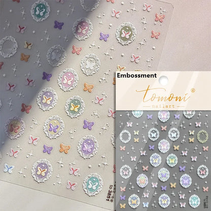 Flash Dreamy Chinese Flower Window Butterfly Glazed Rococo Geometric Frame Stamp Embossed Relief Nail Art Sticker Manicure Decal
