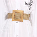 Spring Summer New Women's Beach Bohemian Elegant Square Buckle Grass Weaving Elastic Belt Beige and Black