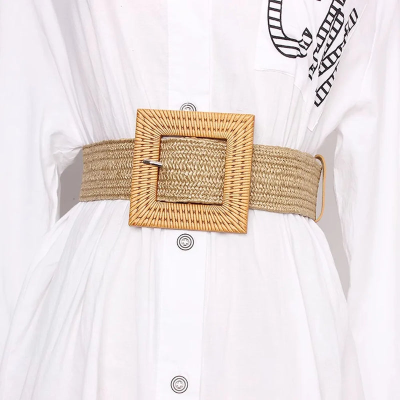 Spring Summer New Women's Beach Bohemian Elegant Square Buckle Grass Weaving Elastic Belt Beige and Black
