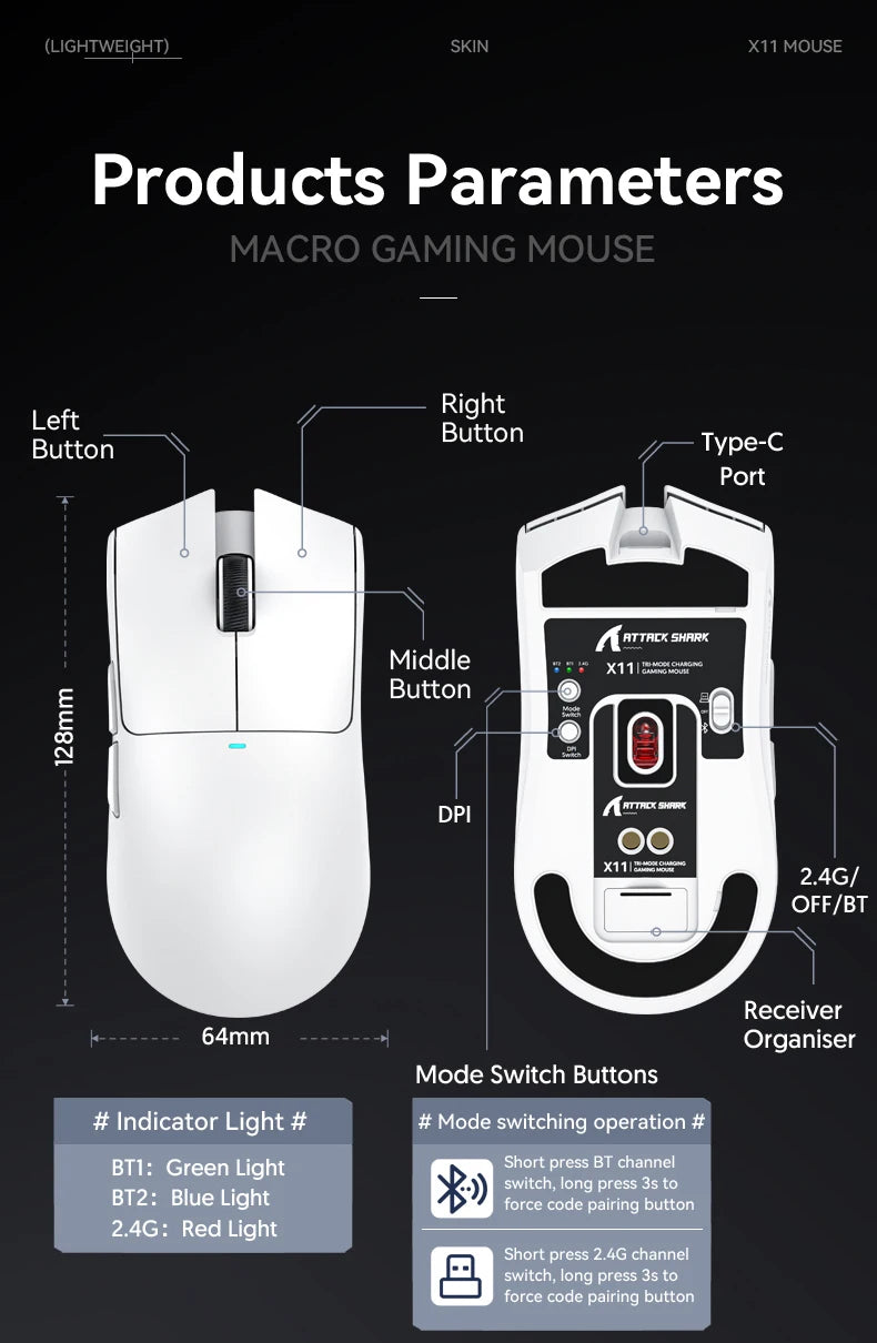 Attack Shark X11 Wireless Mouse Paw3311 22000DPI Buletooth Three Mode Rgb Charging Dock Lightweight Game E-Sports Mouse Laptop