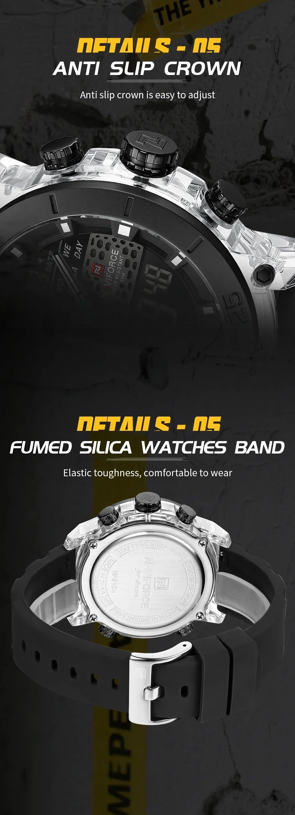 NAVIFORCE NF6104 Men's Lightweight Sports Wrist Watch Dual Display Time Night Light Watches Boy's Quartz Stopwatch