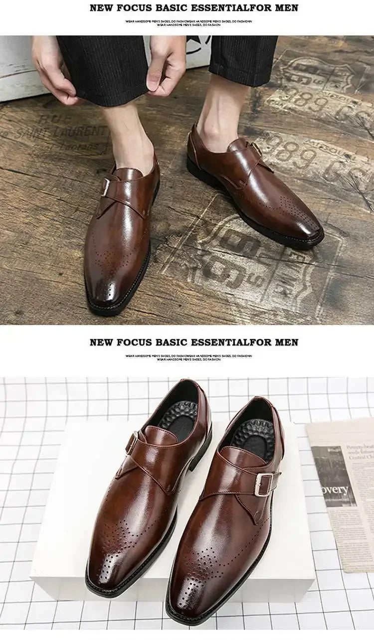 Large Size 48 Men's Leather Shoes with Buckle, Block Carving, Slip-On, Square Toe, Board Shoes, Trendy Adult Footwear