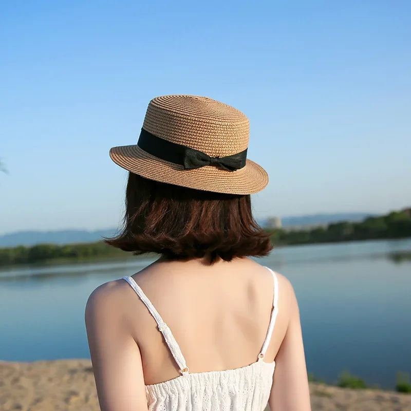 COKPanama Simple Summer Beach Sun Protection Bowknot French-Style Small Hat, Women's Casual Flat-Brimmed Straw Hat with Bow