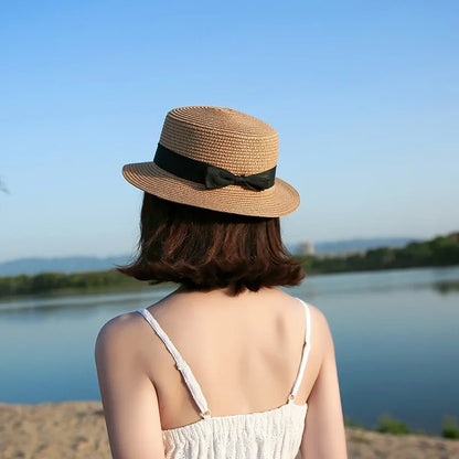 COKPanama Simple Summer Beach Sun Protection Bowknot French-style Small Hat Women's Casual Flat-Brimmed Straw Hat with Bow，Women