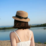 COKPanama Simple Summer Beach Sun Protection Bowknot French-Style Small Hat, Women's Casual Flat-Brimmed Straw Hat with Bow