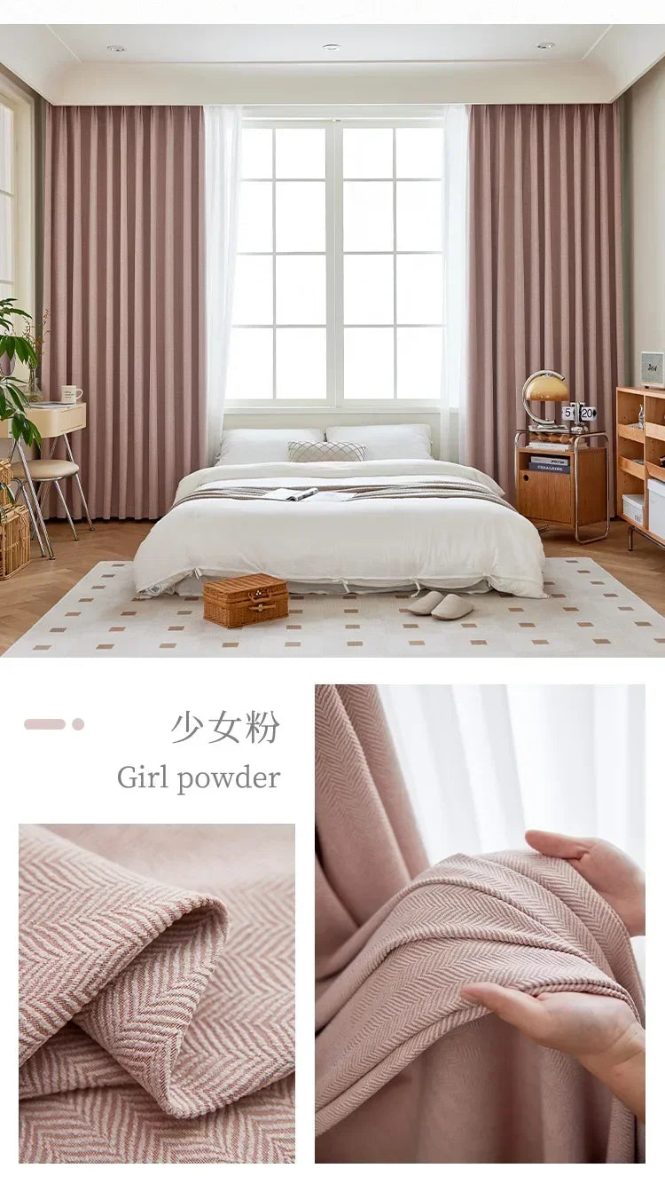 Herringbone Chenille Beige Thickened Blackout Curtains for Living Room Dining Room Bedroom Solid Color Luxury Curtains Custom
