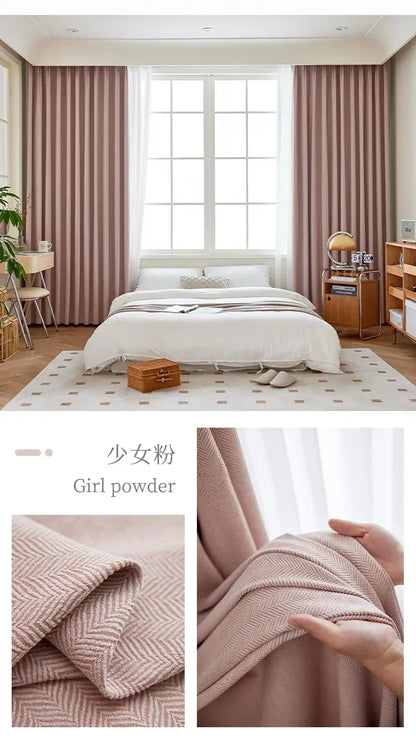 Herringbone Chenille Beige Thickened Blackout Curtains for Living Room Dining Room Bedroom Solid Color Luxury Curtains Custom