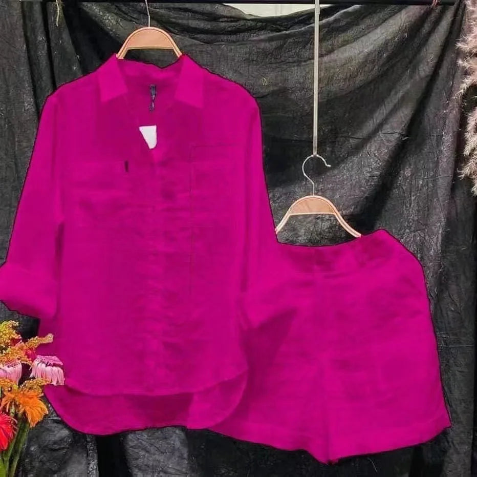 Conjunto informal de dos piezas de lino y algodón para mujer, moda de verano 2024, camisa de manga larga blanca y pantalones cortos, chándal de dos piezas