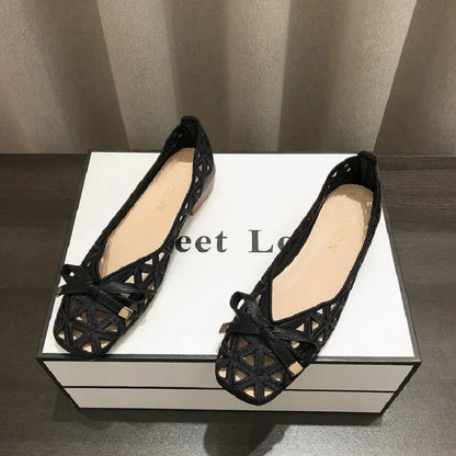 2025 New French Style Bow Flat Sandals Women Geometric Cut-Out Peep-Toe Breathable Summer Beige Shoes for Dresses