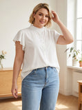 Gadinus Plus Size Women's Flutter Sleeve Blouse Ruffle Collar Button Front Loose Fit Curved Hem Tunic Top