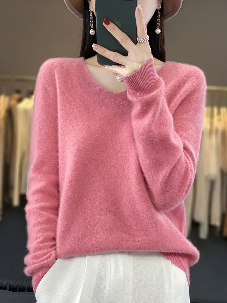 Suéter básico de otoño-invierno 2024 para mujer, 100 % lana merino, cuello en V, tejido de punto liso, jersey de oficina para mujer, manga larga, cachemir.