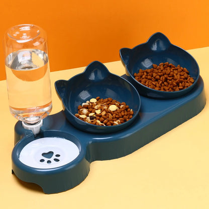 Alimentador triplo para animais de estimação, tigelas duplas 2 em 1 com garrafa automática, design inclinado e giratório para gatos e cães
