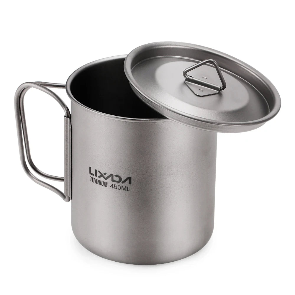 Taza de agua ultraligera de titanio Lixada con asa plegable, portátil para exteriores, camping, picnic, 300 ml/350 ml/550 ml/650 ml