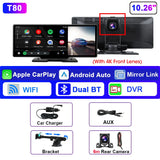 Srnubi 10.26" Dash Cam Rearview Wireless Carplay & Android Auto 4K DVR Navigation Player Dual Lens Recorder Dashboard WIFI 5.0BT