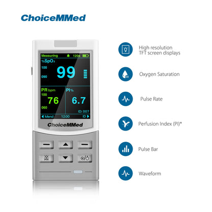 Oxímetro de pulso portátil recargable ChoiceMMed Medical, monitor de salud SPO2 PI PR para adultos, niños, bebés y recién nacidos.