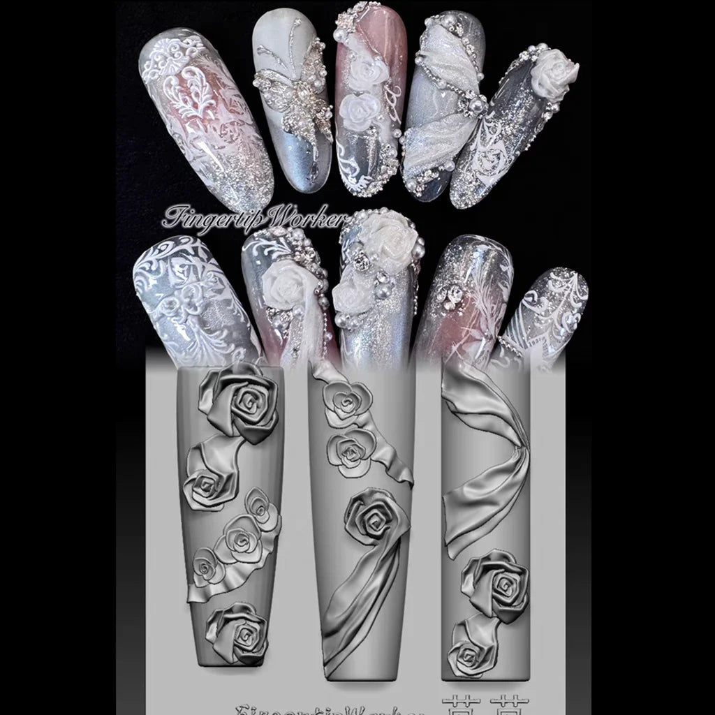 1Pc Chain Ice Flower Fox Spoon Fork Dragon Snake Butterfly 3D Acrylic Mold Nail Art Decorations  DIY Design Silicone Nails Mold
