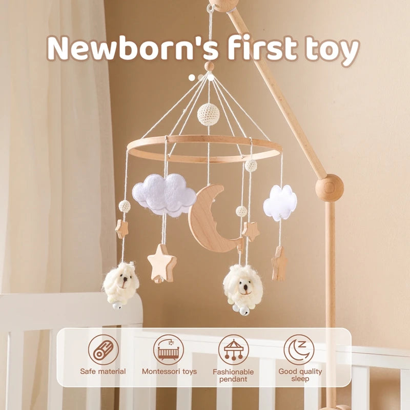 Crib Mobile Bed Bell Wooden Baby Rattles Soft Felt Cartoon Animal Bed Bell Newborn Music Box Hanging Toy Crib Bracket Baby Gifts