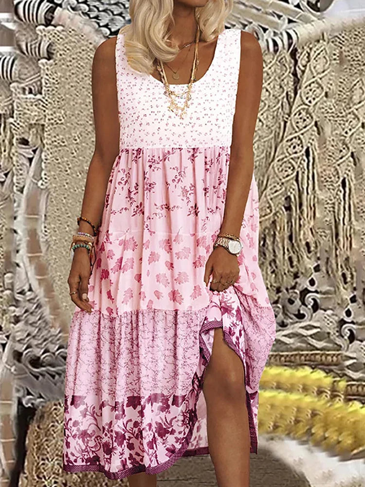 Plus size casual feminino midi vestido 2025 verão novo floral impresso sem mangas pescoço plano a linha boêmio vestidos de praia