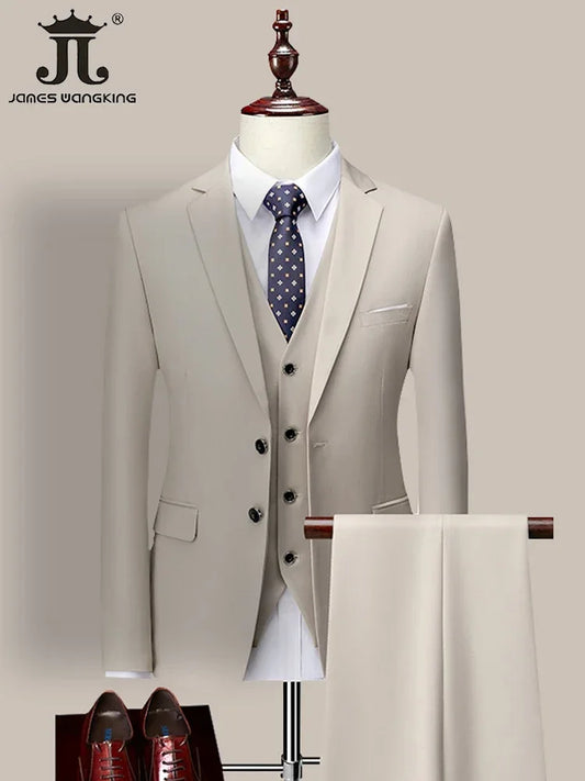 Traje formal de negocios de alta gama para hombre, 14 colores M-6XL (chaqueta + chaleco + pantalones), traje de tres piezas para novio, vestido de boda, traje de color liso.