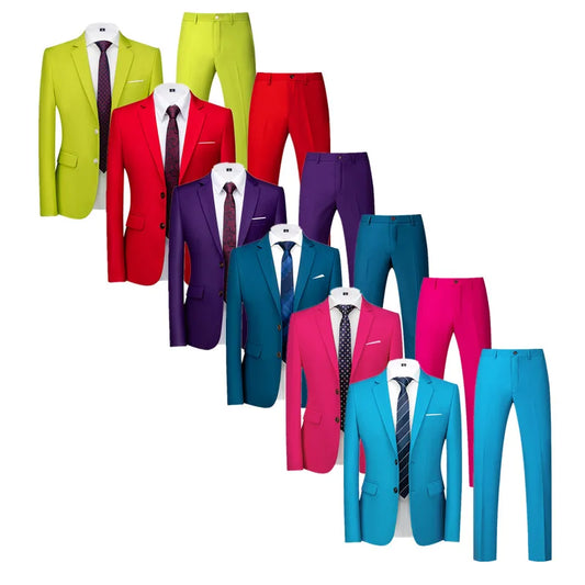 (Blazer and Pant) Men Formal Business Banquet Groom Wedding Suit 2Piece Large Size 6XL Pure Color Male Slim Fit Tuxedo Dress Set