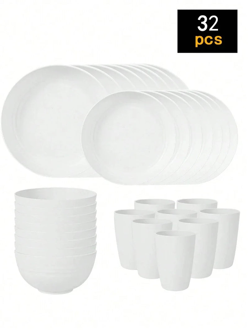 4/16/24pcs Reusable plastic tableware set, including plates, bowls and cups. Suitable for family picnics and school supplies