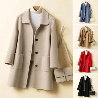 Abrigo de invierno de longitud media para mujer, color liso, cuello vuelto, botonadura sencilla, abrigo formal grueso para uso diario en la calle.