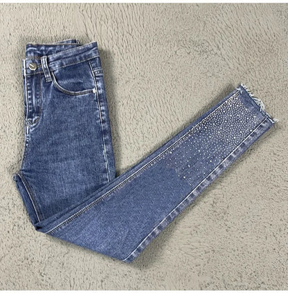 Spring Summer 2024 New Fashion Harem Denim Pants Female Rhinestones Korean Version High Waist Slim Elastic Jeans Pencil Pants