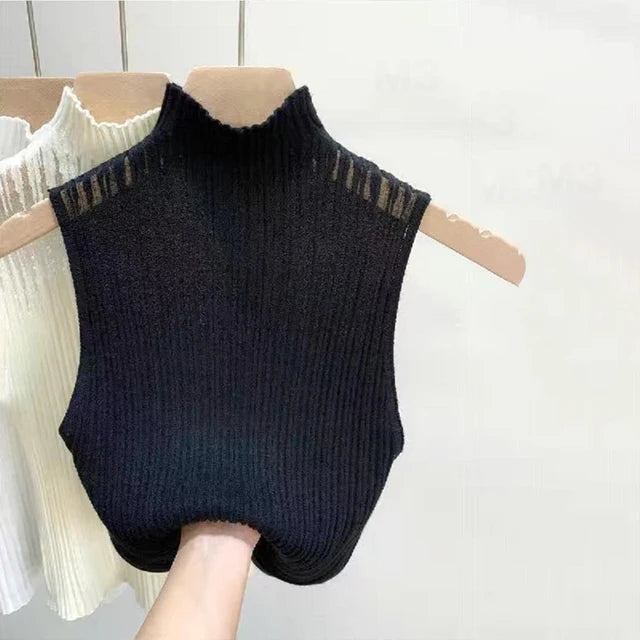 Women's Korean Knitted Half High Neck Vest Summer Sleeveless Solid Color Thin Tank Top 
