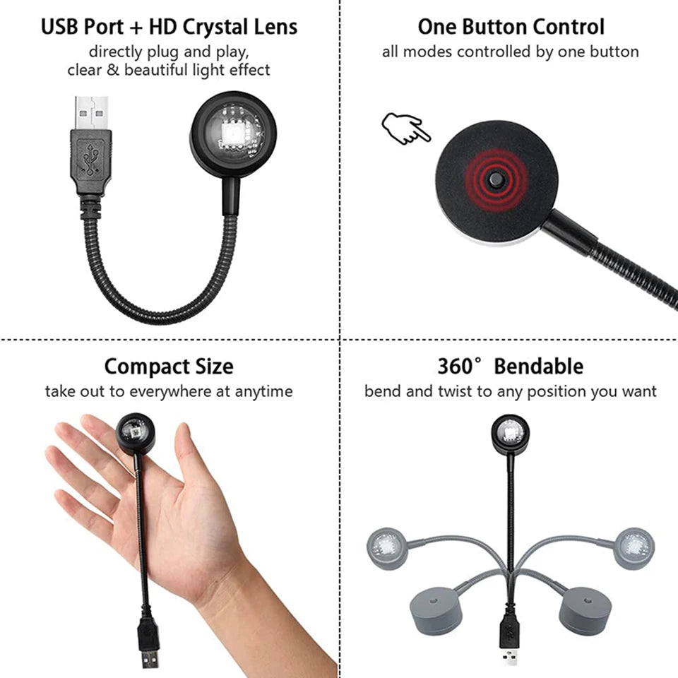 Proyector de lámpara de atardecer LED USB RnnTuu, luz nocturna portátil para decoración del hogar, luz de ambiente para sala de estar, fotografía de pared, luces de neón