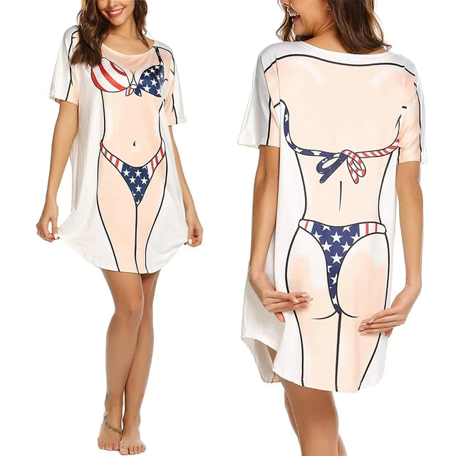 Vestido feminino da moda de verão, estampa biquíni 3D, gola redonda, manga curta, roupa de casa solta, pijama plus size feminino fofo