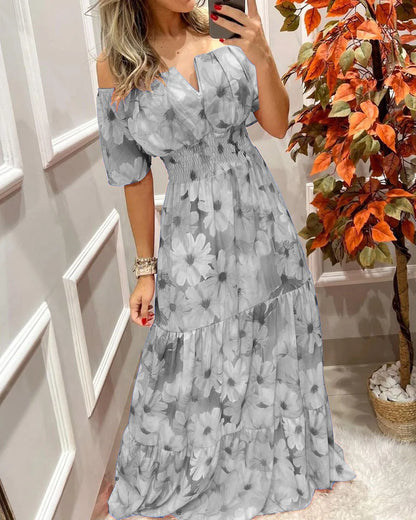 Women's Dresses 2022 Summer Vintage Print Off The Shoulder Casual V Neck Long Sleeved Waist Slim Maxi Dress