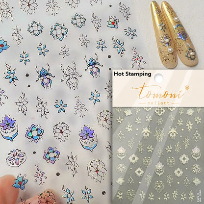 Flash Dreamy Chinese Flower Window Butterfly Glazed Rococo Geometric Frame Stamp Embossed Relief Nail Art Sticker Manicure Decal