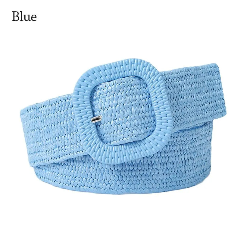 Bohemian Braided Belts for Women Summer Patchwork Straw Woven Belt Wide Waistband Fashion Female Square Buckle Waist Belt