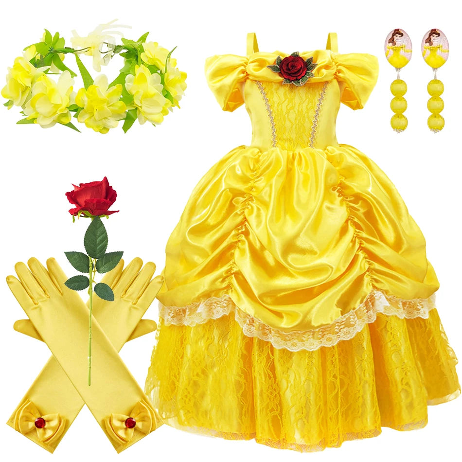 Kids Belle Cosplay Party Princess Dress Beauty Beast Princess Clothes Halloween Event Festival Party Flowers Print Costume