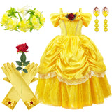 Kids Belle Cosplay Party Princess Dress Beauty Beast Princess Clothes Halloween Event Festival Party Flowers Print Costume