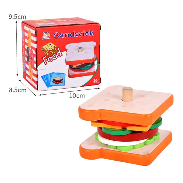 Montessori Wooden Burger Stacking Toys para criança, aprendizado pré-escolar, brinquedos educativos, habilidade motora fina, presente de cozinha para crianças