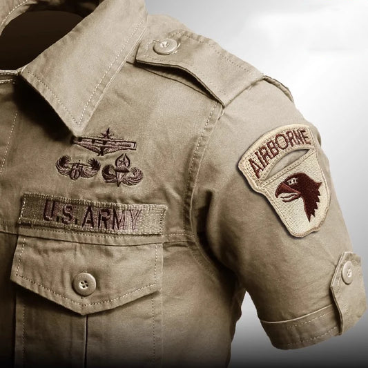 Camisas de manga corta para hombre, camiseta táctica, ropa de trabajo de primavera y verano, camisa vintage de algodón con bordado militar y bolsillo, camisetas cargo