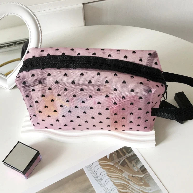 Heart-Shaped Nylon Mesh Cosmetic Bag Portable Toiletry Organizer for Women Makeup Storage