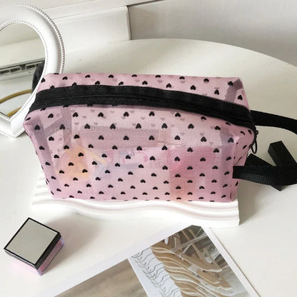 Heart-Shaped Nylon Mesh Cosmetic Bag Portable Toiletry Organizer for Women Makeup Storage
